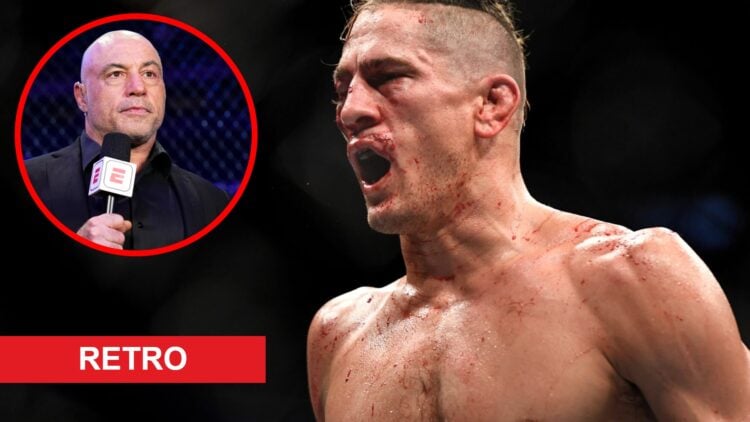 Niko Price reacts during his UFC 249 fight with Vicente Luque, inset Joe Rogan speaks during the UFC 309 broadcast with a retro banner