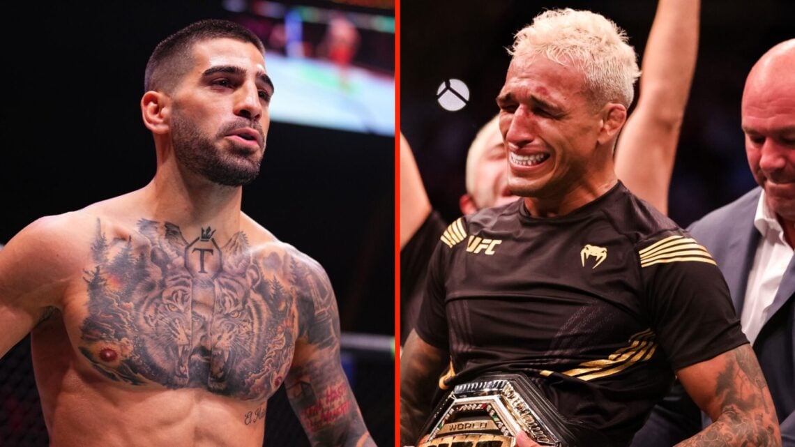Ilia Topuria walks around the octagon before his fight with Max Holloway and Charles Oliveira cries as Dana White puts the belt around his waist at...