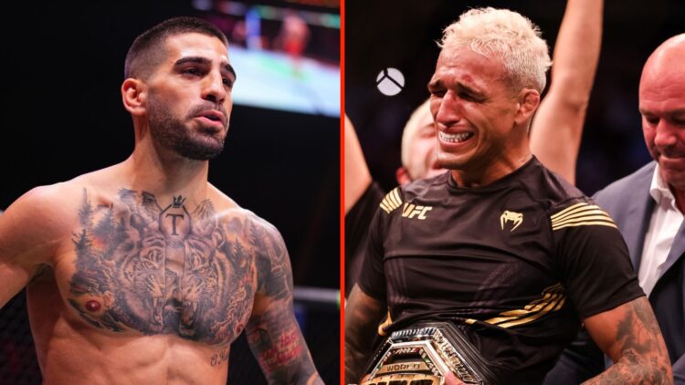 Ilia Topuria walks around the octagon before his fight with Max Holloway and Charles Oliveira cries as Dana White puts the belt around his waist at...