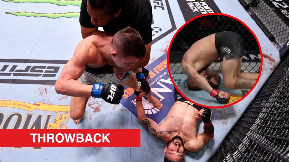 Main: Kai Kara-France knocks out Rogerio Bontorin at UFC 259. Inset: Rogerio Bontorin lands awkwardly after being knocked down by a right hand from...