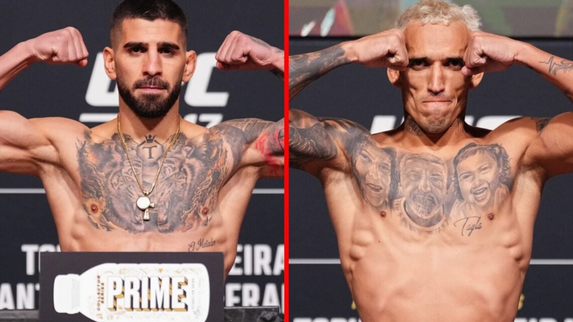 Split image of Ilia Topuria and Charles Oliveira weighing in for their UFC 317 fight.