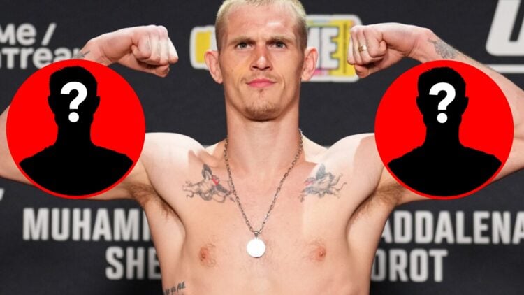 Ian Machado Garry poses on the scale at the UFC 315 official weigh-in, inset two mysteries