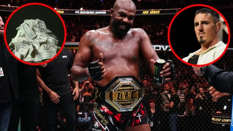 Jon Jones dances at UFC 309, inset dollar bills and a stone-faced Tom Aspinall.