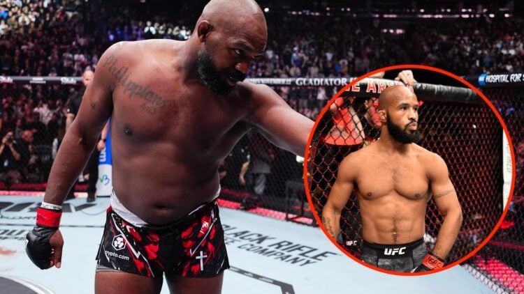 Jon Jones celebrates following his win at UFC 309 with an inset of Demetrious Johnson ahead of his clash against Ray Borg