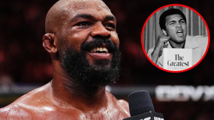 Jon Jones speaks after his UFC 309 win over Stipe Miocic, inset Muhammad Ali presents his new book at a press conference