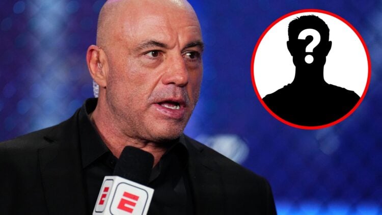 Main: Joe Rogan speaks during the UFC 313 broadcast. Inset: mystery icon