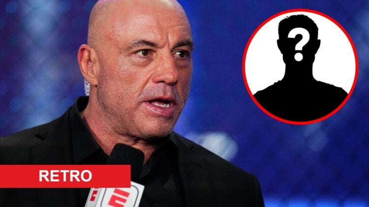 Joe Rogan speaks during the UFC 313 broadcast, inset mystery icon and retro banner