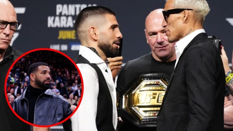 Ilia Topuria and Charles Oliveira face off at the UFC 317 press conference, inset Drake attends the NBA game between the Toronto Raptors and the Go...