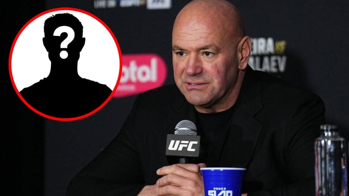 Dana White speaks at the UFC 313 post-fight press conference, inset mystery icon