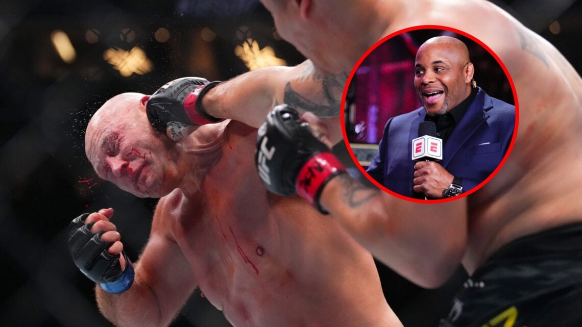 Main: Jhonata Diniz punches Alvin Hines during their fight at UFC 317: Daniel Cormier in attendance to commentate on UFC 300.