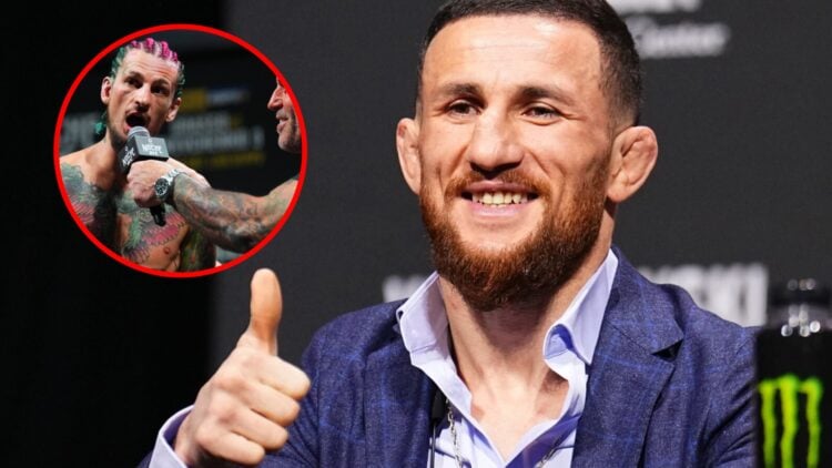 Main: Merab Dvalishvili on stage at the UFC 298 press conference. Inset: Sean O'Malley on stage at the UFC 306 ceremonial weigh-ins.