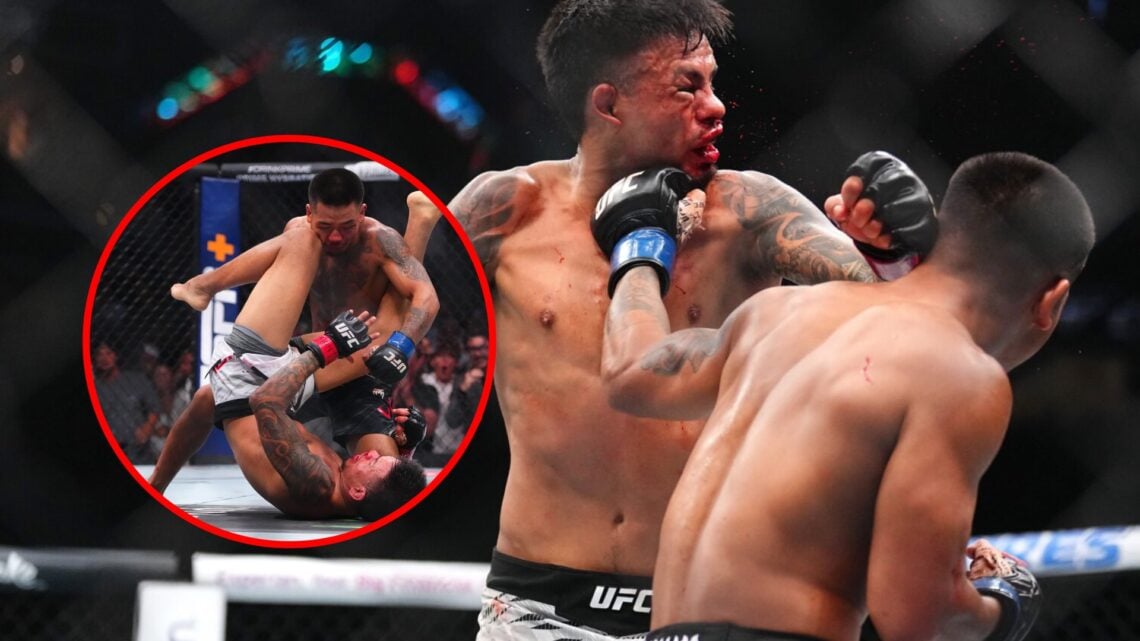 Main: Joshua Van punches Brandon Royval during their fight at UFC 317. Inset: Joshua Van knocks Brandon Royval down during their fight at UFC 317.