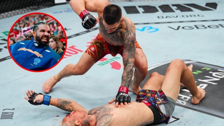 Main: Ilia Topuria punches Charles Oliveira after knocking him out at UFC 317. Inset: Drake attends a game between the Houston Rockets and the Clev...