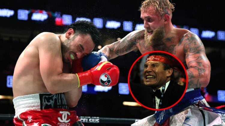 Main: Jake Paul punches Julio Cesar Chavez Jr. during their DAZN pay-per-view main event. Inset: Julio Cesar Chavez reacts as Julio Cesar Chavez Jr...