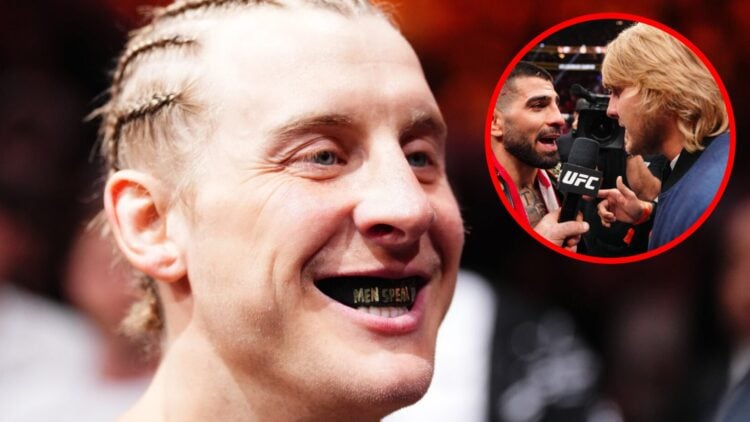 Paddy Pimblett prepares to face Michael Chandler at UFC 314, inset Pimblett and Topuria face off in the cage at UFC 317