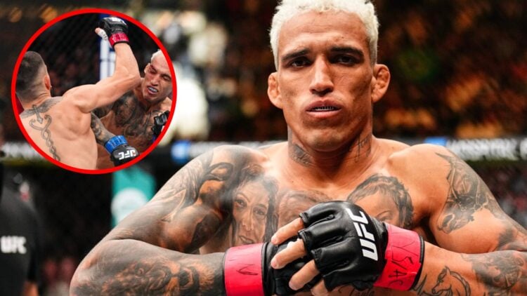 Charles Oliveira prepares to face Michael Chandler at UFC 309, inset Ilia Topuria strikes Oliveira at UFC 317