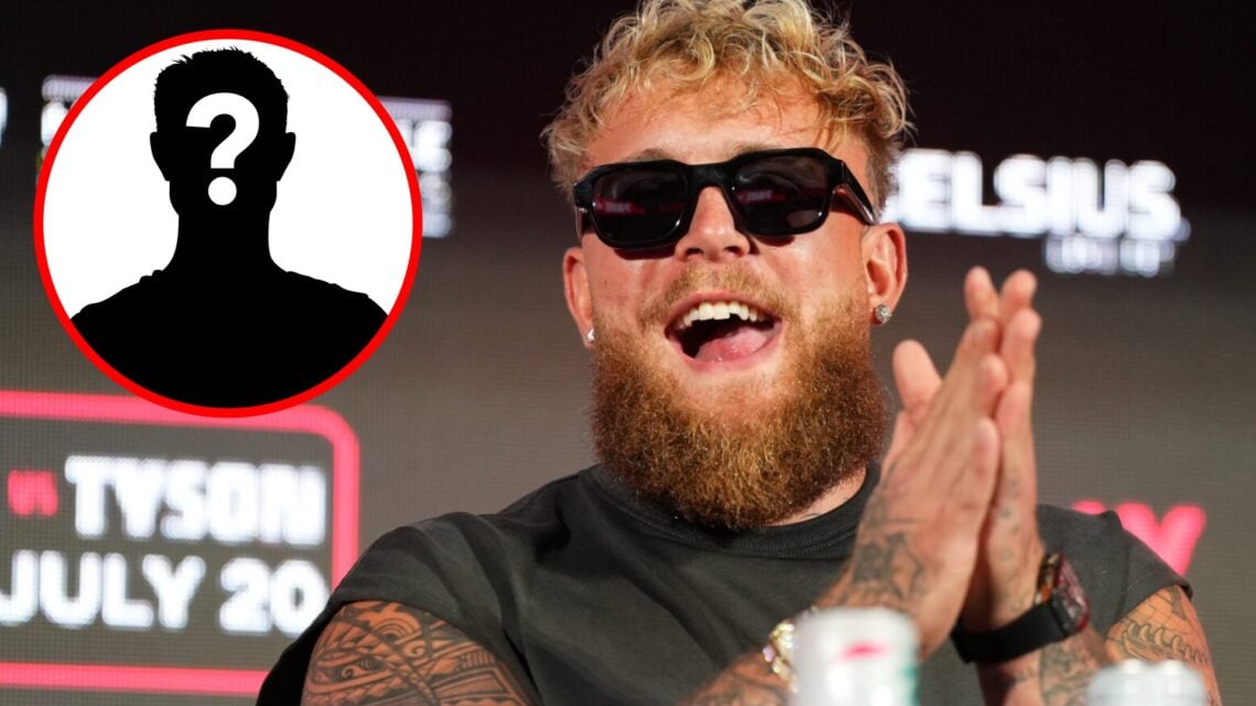 Jake Paul speaks on stage at the press conference for his fight with Mike Tyson, inset mystery icon