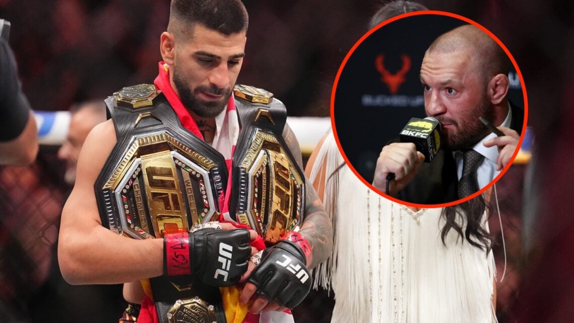 Ilia Topuria celebrates his UFC 317 title win over Charles Oliveira with an inset of Conor McGregor talking to the media at the BKFC 70 press confe...