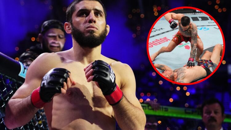 Islam Makhachev prepares to face Renato Moicano at UFC 311, inset Ilia Topuria knocks out Charles Oliveira at UFC 317