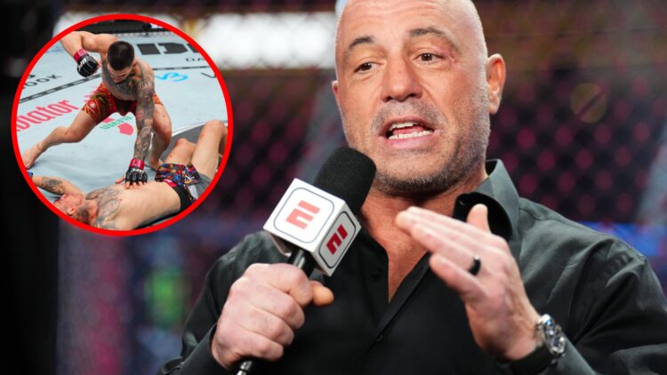 Joe Rogan speaks during the UFC 290 broadcast, inset Ilia Topuria knocks out Charles Oliveira at UFC 317