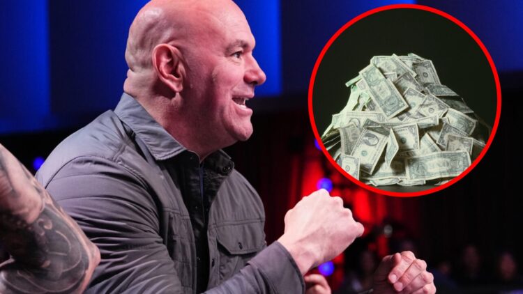 Dana White cheers during a Contender Series fight, inset a pile of dollar bills.