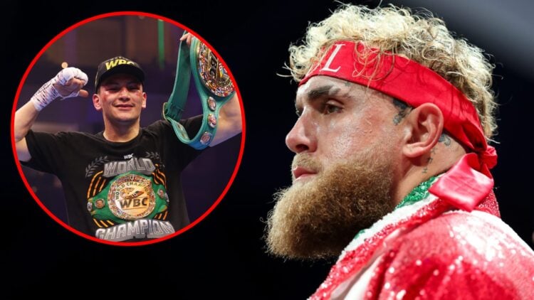 Jake Paul before his fight with Julio Cesar Chavez Jr., inset Vergil Ortiz Jr. celebrates beating VIsrail Madrimov.