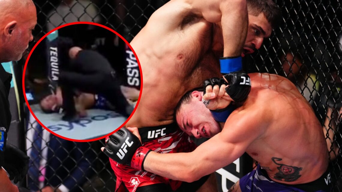 Main: Ramiz Brahimaj chokes out Billy Ray Goff at UFC Vegas 107. Inset: Billy Ray Goff lays unconscious after getting submitted at UFC Vegas 107.