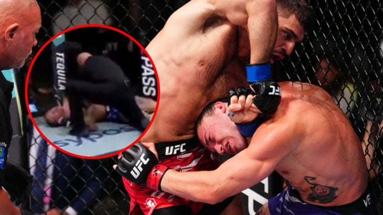 Main: Ramiz Brahimaj chokes out Billy Ray Goff at UFC Vegas 107. Inset: Billy Ray Goff lays unconscious after getting submitted at UFC Vegas 107.