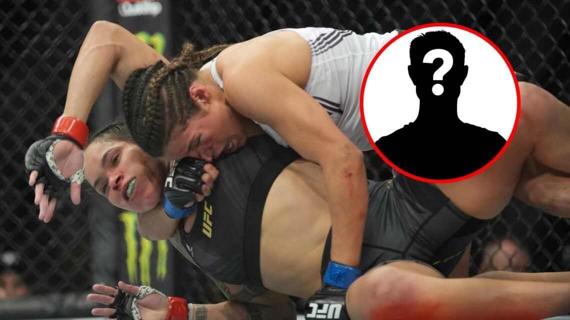 Main: Julianna Pena submits Amanda Nunes during their title fight at UFC 269. Inset: Mystery fighter