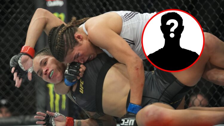 Main: Julianna Pena submits Amanda Nunes during their title fight at UFC 269. Inset: Mystery fighter