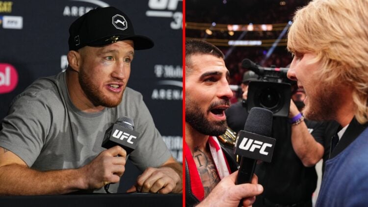 Split image of Justin Gaethje at UFC 313 and Ilia Topuria facing off with Paddy Pimblett at UFC 317
