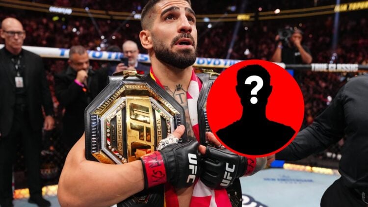 Ilia Topuria with two belts at UFC 317, with mystery inset
