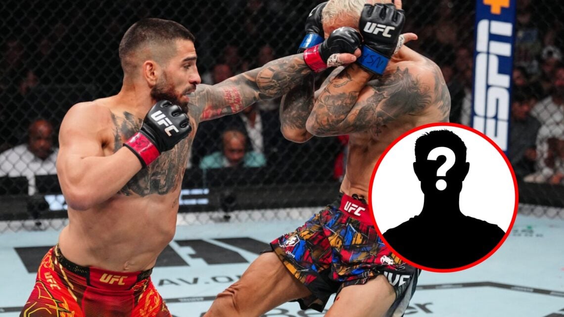 Main: Ilia Topuria punches Charles Oliveira during their title fight at UFC 317. Inset: Mystery fighter