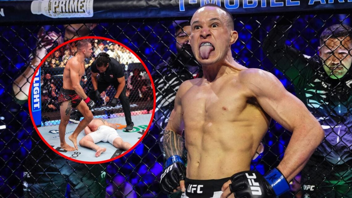 Main: Kai Kara-France in the cage ahead of his title fight against Alexandre Pantoja at UFC 317. Inset: Alexandre Pantoja celebrates after submitti...