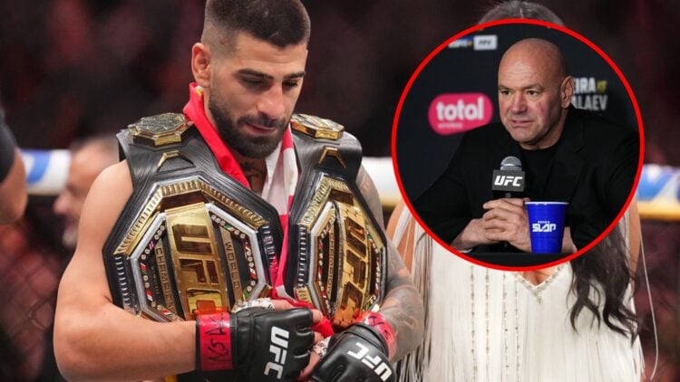 Main: Ilia Topuria celebrates his victory over Charles Oliveira to win the lightweight title at UFC 317. Inset: Dana White talks to the media at th...