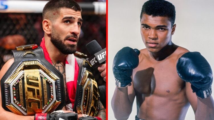 Ilia topuria reacts to his UFC 317 win, Muhammad Ali poses in boxing gloves.