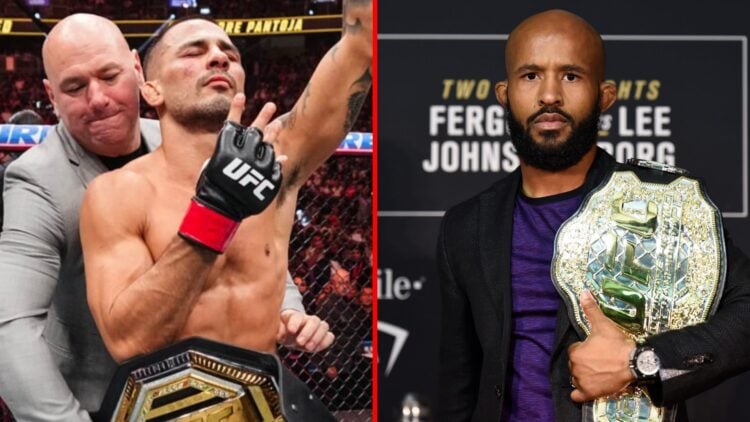 Left: Alexandre Pantoja gets the flyweight title wrapped around his waist after his win at UFC 317. Right: Demetrious Johnson with the flyweight ti...