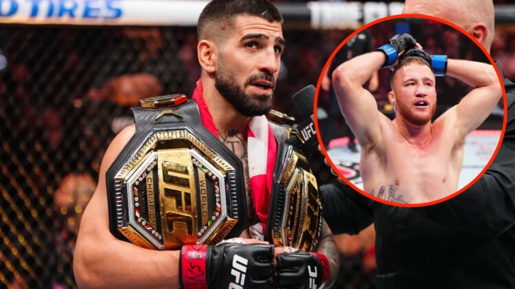 Ilia Topuria talks to Joe Rogan following UFC 317 title win with an inset of Justin Gaethje following his at UFC 291