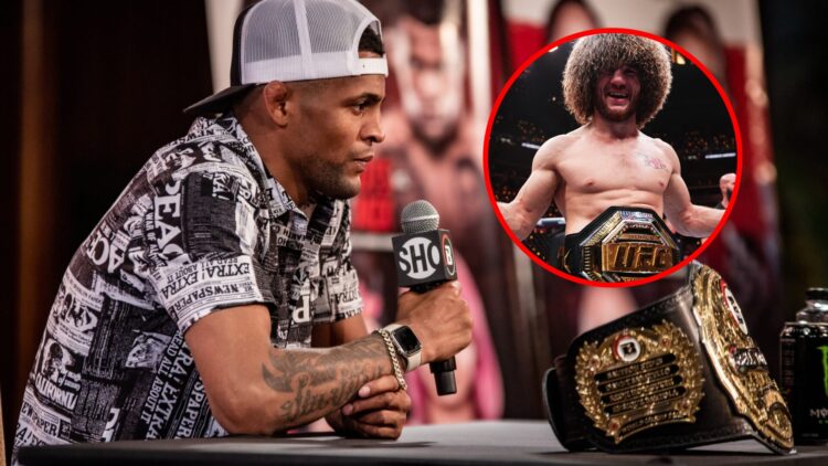 Main: Patchy Mix speaks at the press conference for Bellator 295. Inset: Merab Dvalishvili celebrates his title win over Sean O'Malley at UFC 306.