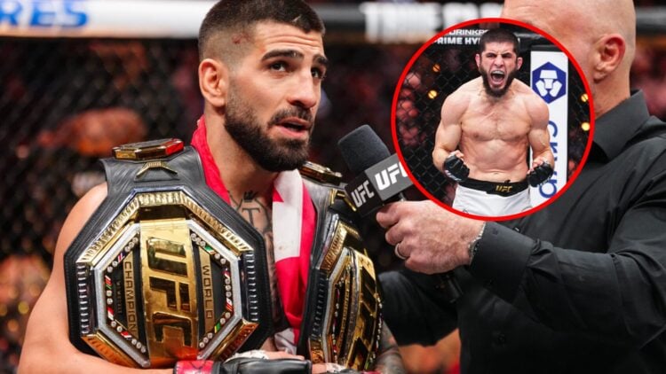 Main: Ilia Topuria is interviewed inside the Octagon after his win at UFC 317. Inset: Islam Makhachev celebrates defeating Renato Moicano at UFC 311.