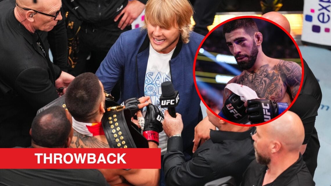 Main: Security break up an altercation between Ilia Topuria and Paddy Pimblett at UFC 317. Inset: Ilia Topuria exits the cage after his win over Br...
