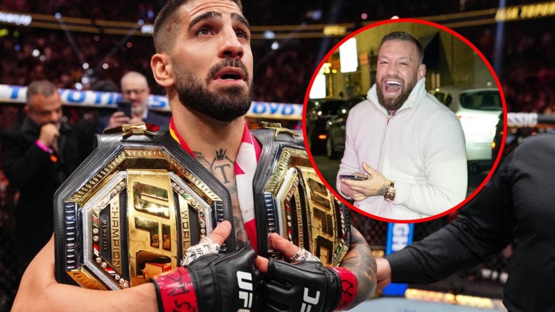 Main: Ilia Topuria holds two UFC titles after his win over Charles Oliveira at UFC 317. Inset: Conor McGregor is seen arriving to Oscar's Tavern fo...