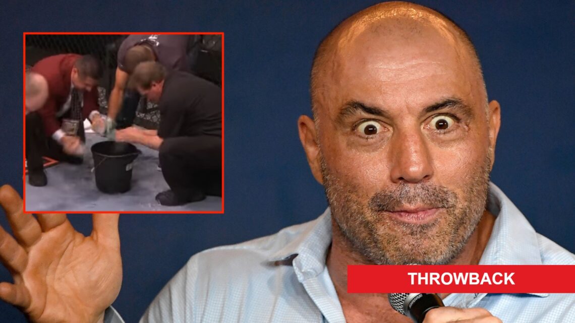 Joe Rogan appears during a comedy show at The Ice House in Pasadena, inset staffers cleaning up ice in the UFC Octagon and 'throwback' label