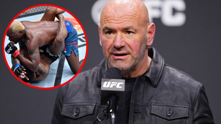 Dana White speaks at the UFC 2024 Seasonal press conference, inset Derek Brunson elbows Kevin Holland at UFC Vegas 22