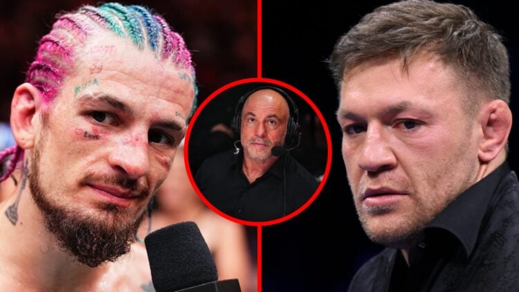 Sean O'Malley reacts to his win over Marlon Vera at UFC 299 with Conor McGregor in attendance at Katie Taylor vs Chantelle Cameron with an inset of...
