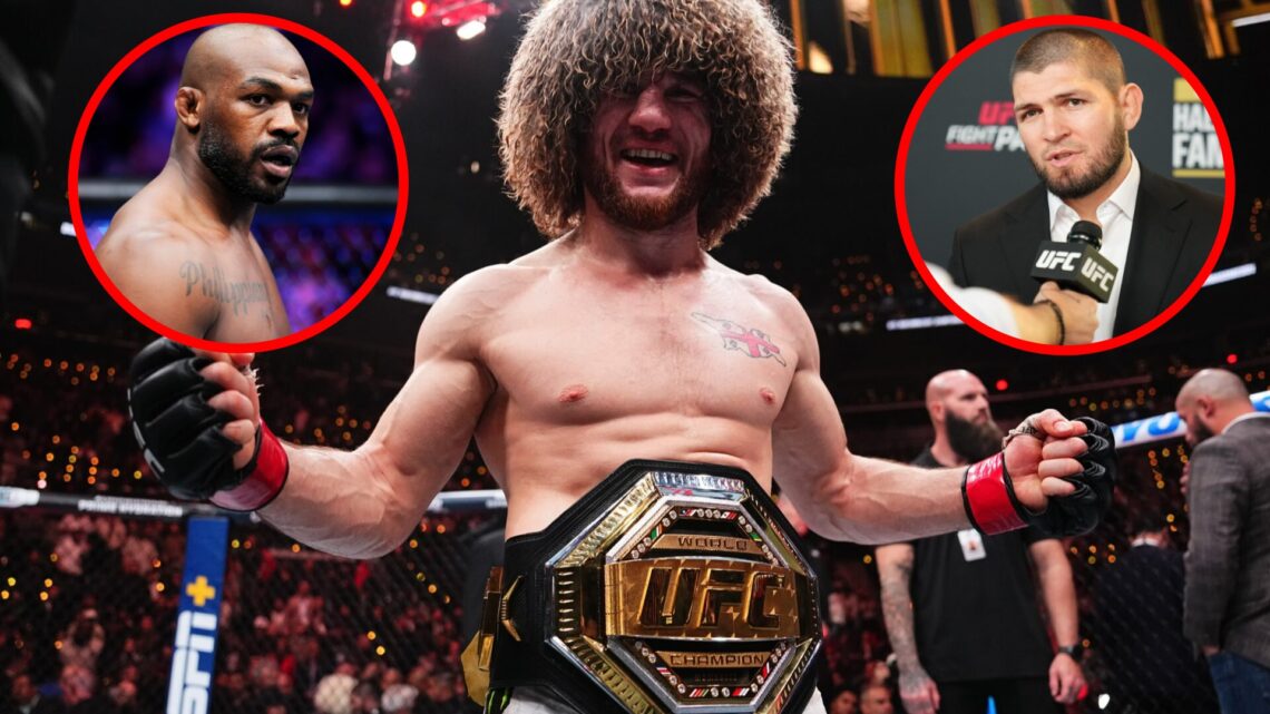 Merab Dvalishvili celebrates his win at UFC 311, inset Jon Jones prepares to fight at UFC 285 and Khabib Nurmagomedov speaking at the 2022 UFC Hall...