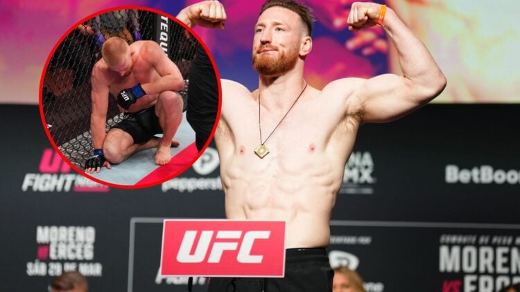 Main photo shows Joe Pyfer flexing on the scales at UFC Mexico weigh-ins. Bubble photo shows Bo Nickal with his head down after his first UFC loss