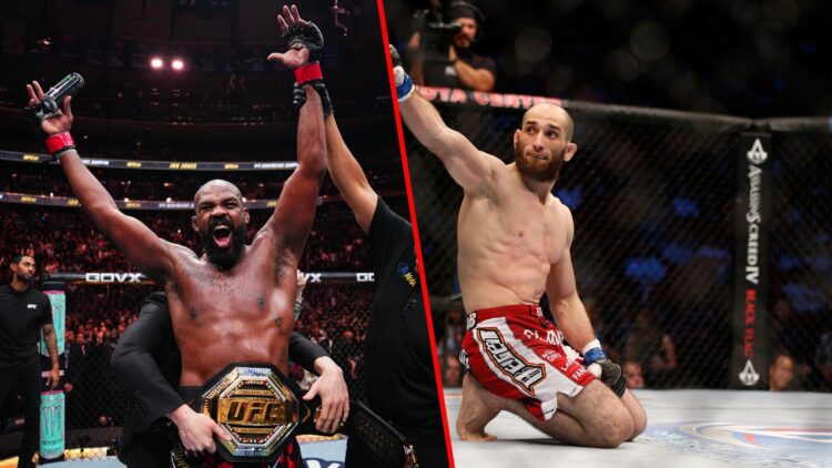 Left photo shows Jon Jones celebrating his UFC heavyweight title win with the belt. Right photo shows Adlan Amagov celebrating a UFC win on his kne...