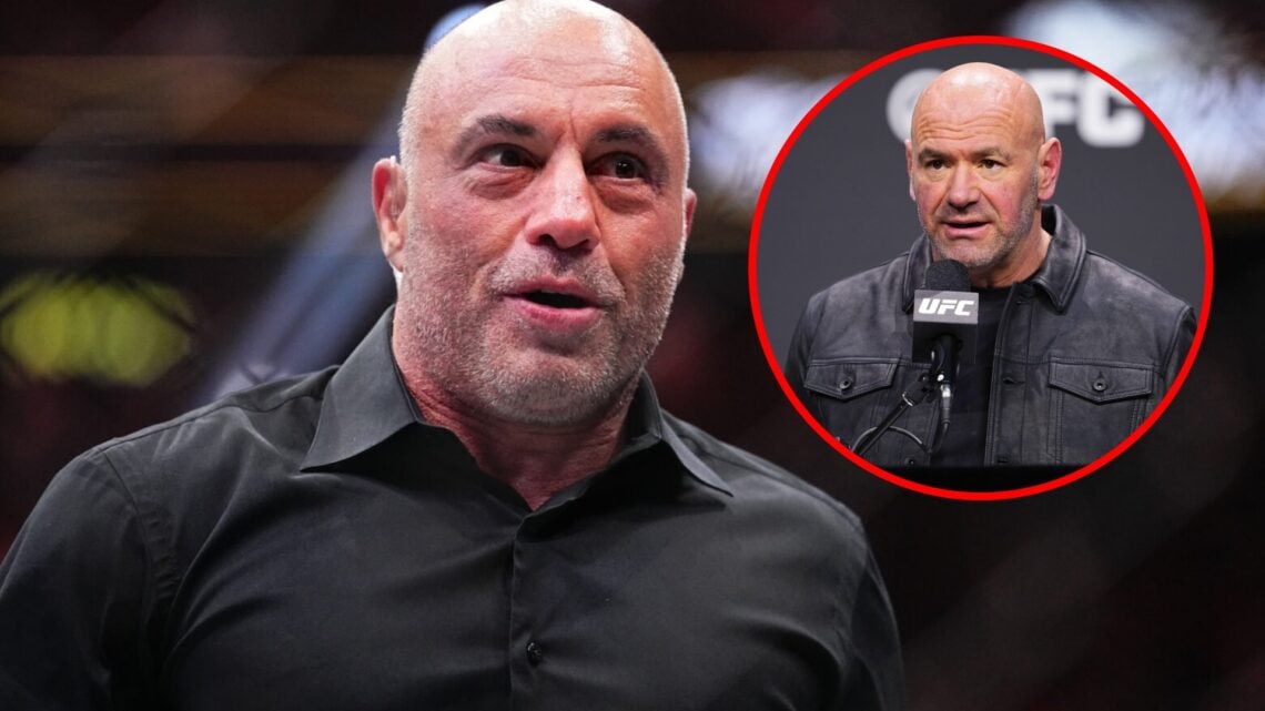 Main: Joe Rogan reacts after Justin Gaethje's knockout against Max Holloway at UFC 300. Inset: Dana White speaks on stage at the UFC's 2024 seasona...