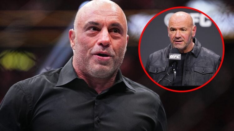 Main: Joe Rogan reacts after Justin Gaethje's knockout against Max Holloway at UFC 300. Inset: Dana White speaks on stage at the UFC's 2024 seasona...